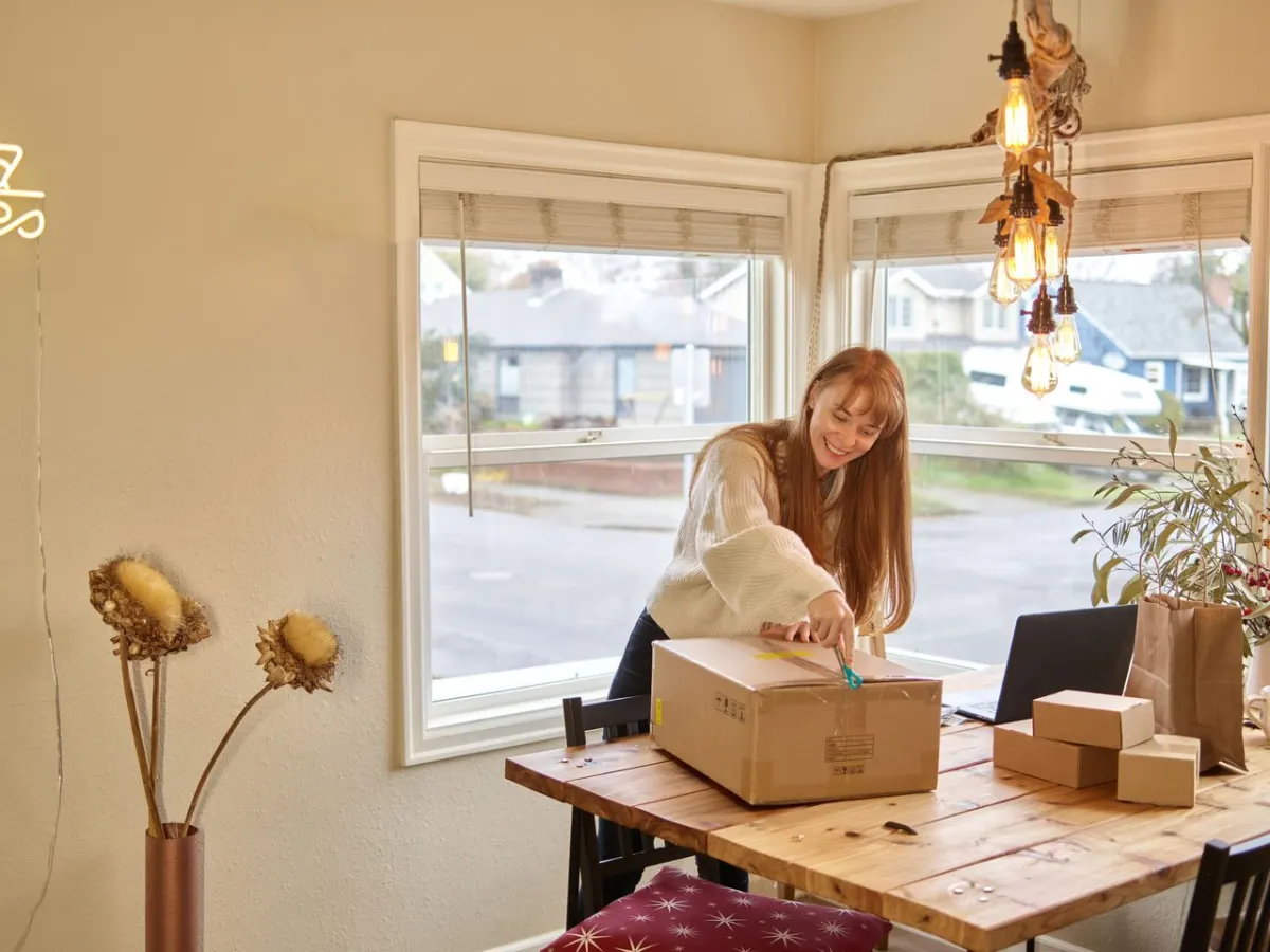 Mujer abre una caja de regalo en su oficina en casa, ejemplo de un regalo de fin de año recibido por un empleado remoto